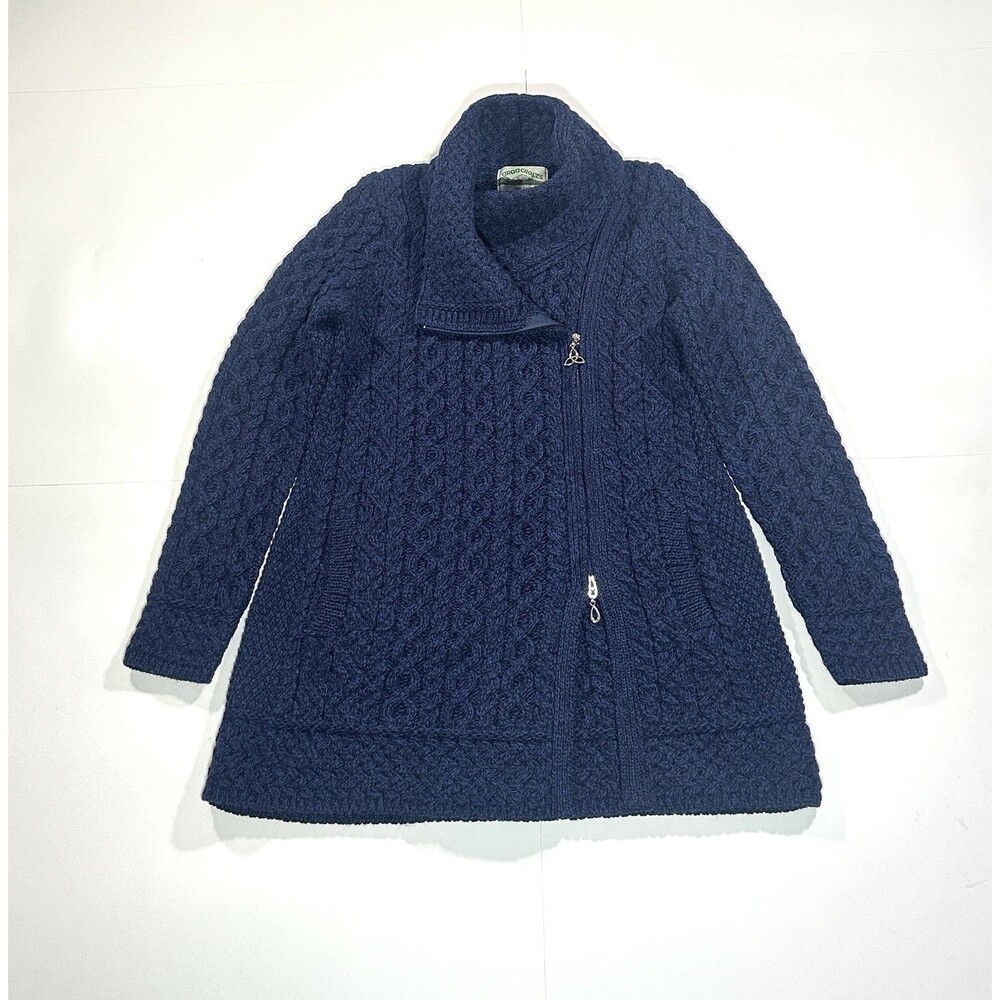 Aran Crafts Sweater Women’s Small Navy Blue Merino Wool Cable Full Zip Cardigan